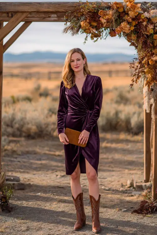 A woman in a rich plum velvet wrap dress with long sleeves, paired with classic brown cowboy boots and a suede clutch