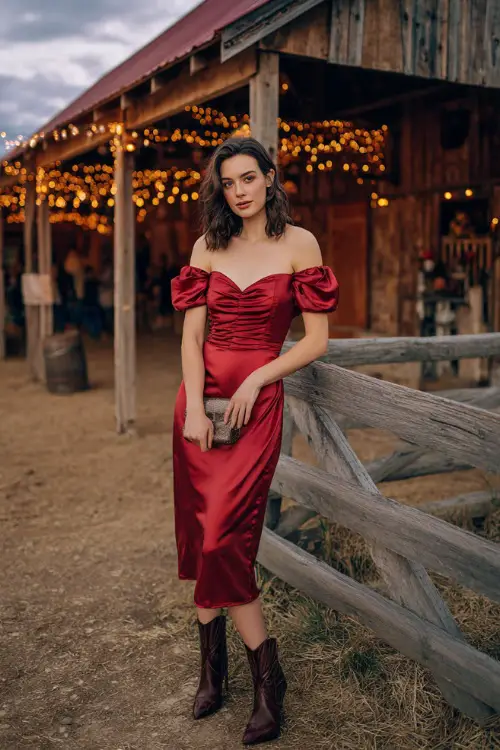 A woman in a ruby red satin midi dress with short puff sleeves, styled with heeled boots and a clutch, standing in front of a rustic barn lit with string lights 
