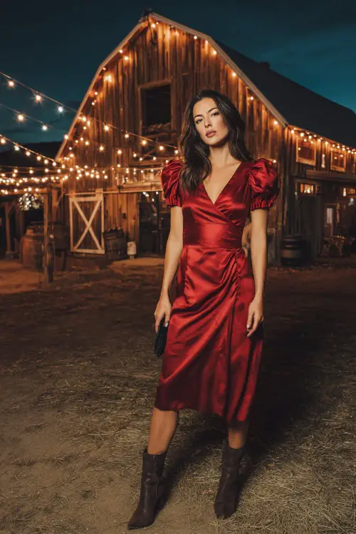 A woman in a ruby red satin midi dress with short puff sleeves, styled with heeled boots and a clutch, standing in front of a rustic barn lit with string lights