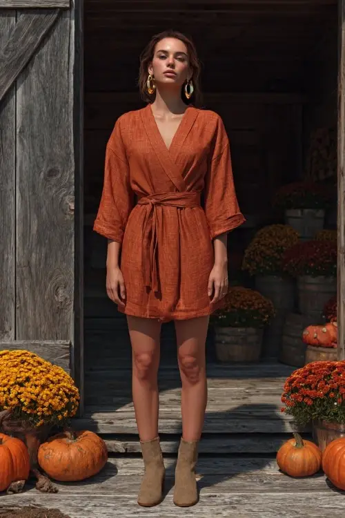 A woman in a rust-orange linen dress with a belted waist, paired with ankle boots and gold hoop earrings, standing in front of a rustic barn decorated with October mums 