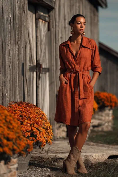 A woman in a rust-orange linen dress with a belted waist, paired with ankle boots and gold hoop earrings, standing in front of a rustic barn decorated with October mums 