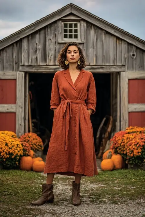 A woman in a rust-orange linen dress with a belted waist, paired with ankle boots and gold hoop earrings, standing in front of a rustic barn decorated with October mums