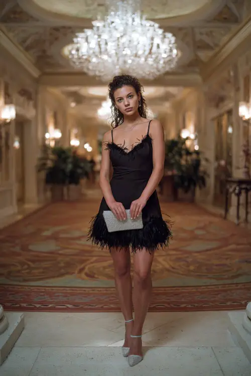 A woman in a short black A-line dress with feather trim, styled with a sparkling clutch and silver heels