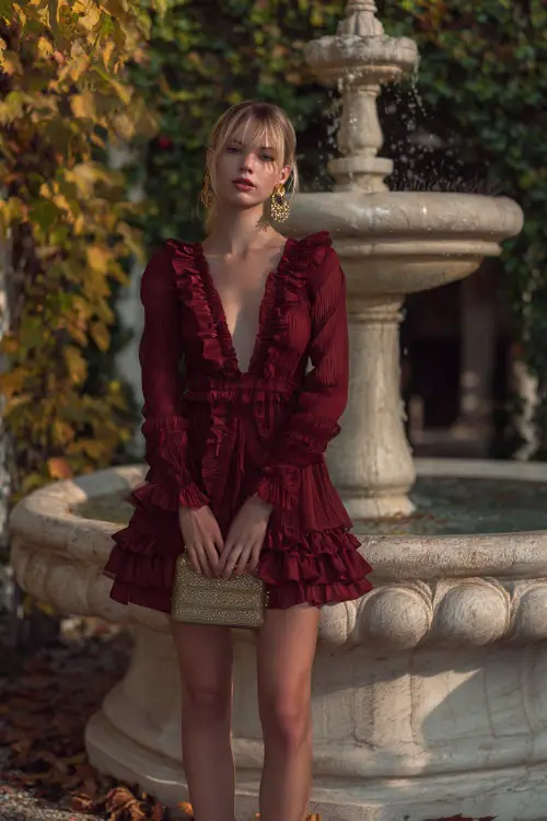 A woman in a short burgundy chiffon dress with layered ruffles, accessorized with gold hoop earrings and a metallic clutch 
