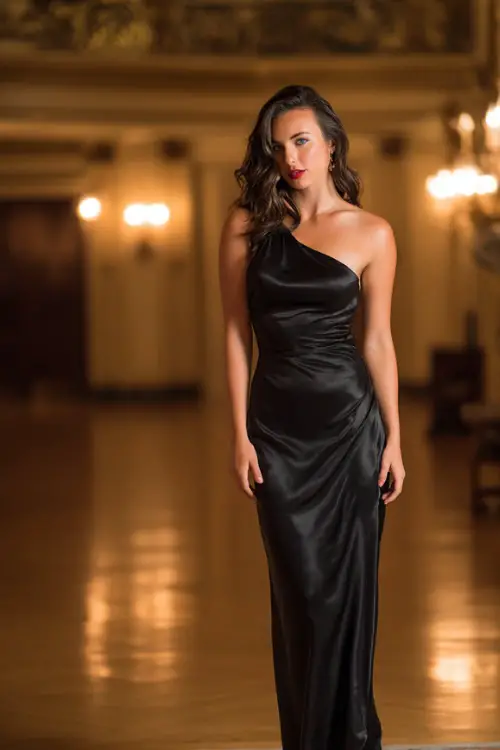 A woman in a simple black one-shoulder satin gown with a column silhouette, styled with strappy sandals, standing inside a ballroom lit with amber fall lighting