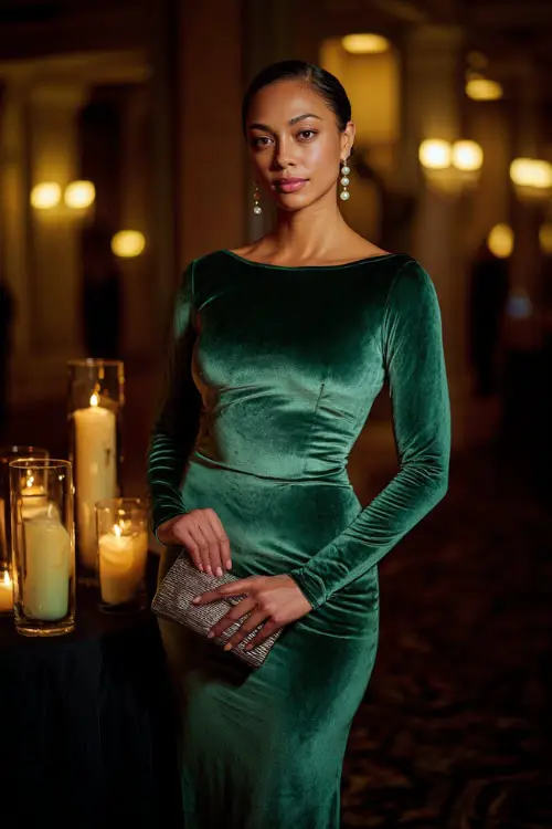 A woman in an emerald green velvet gown with long sleeves and a mermaid silhouette, accessorized with pearl earrings and a metallic clutch, posing inside a candlelit ballroom 