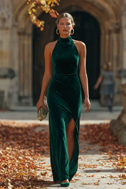 A woman in an emerald velvet gown with a high neckline and slit, accessorized with gold hoops and a metallic clutch, walking across a courtyard with fallen autumn leaves