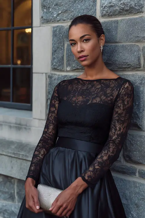 A woman wears a black ball gown with a lace bodice, sheer long sleeves, and a satin skirt, accessorized with pearl earrings and a silver clutch for a classic black-tie fall wedding 