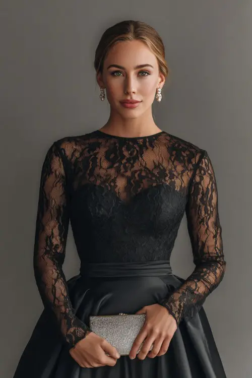A woman wears a black ball gown with a lace bodice, sheer long sleeves, and a satin skirt, accessorized with pearl earrings and a silver clutch for a classic black-tie fall wedding
