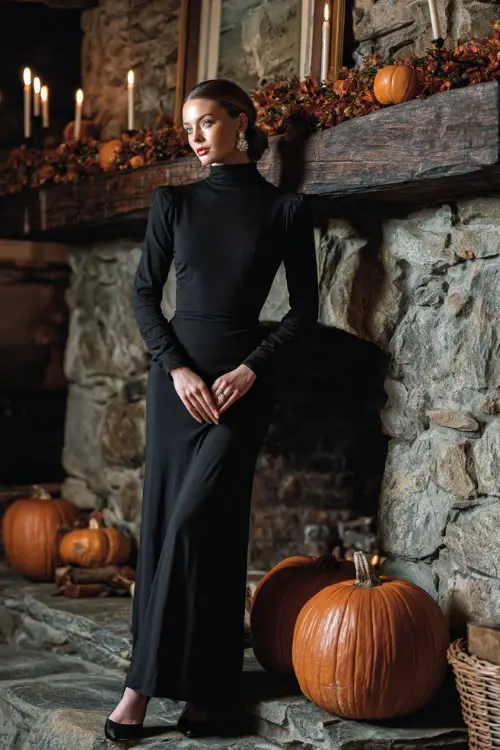 A woman wears a black crepe gown with long sleeves and high neckline, styled with pearl earrings and black pumps