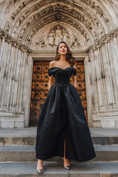 A woman wears a black off-the-shoulder ball gown with a voluminous skirt, styled with diamond studs and silver heels, standing in front of a historic cathedral entrance decorated for fall 
