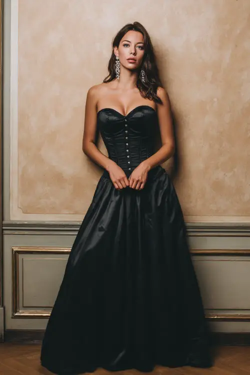 A woman wears a black satin strapless gown with a corset bodice and dramatic floor-length skirt, accessorized with chandelier earrings for a grand evening wedding 