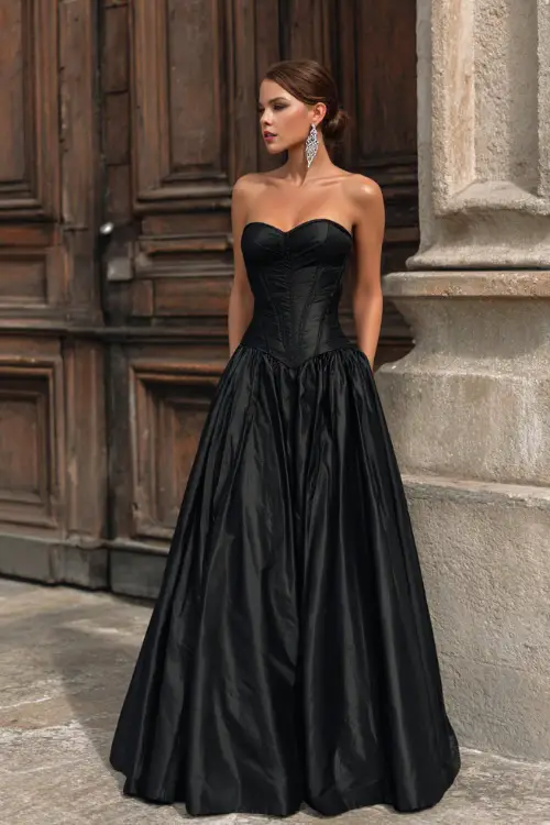 A woman wears a black satin strapless gown with a corset bodice and dramatic floor-length skirt, accessorized with chandelier earrings for a grand evening wedding