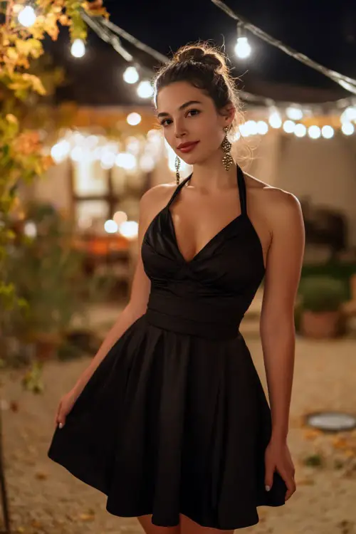 A woman wears a black short halter dress with a flared skirt, styled with silver earrings and classic pumps 
