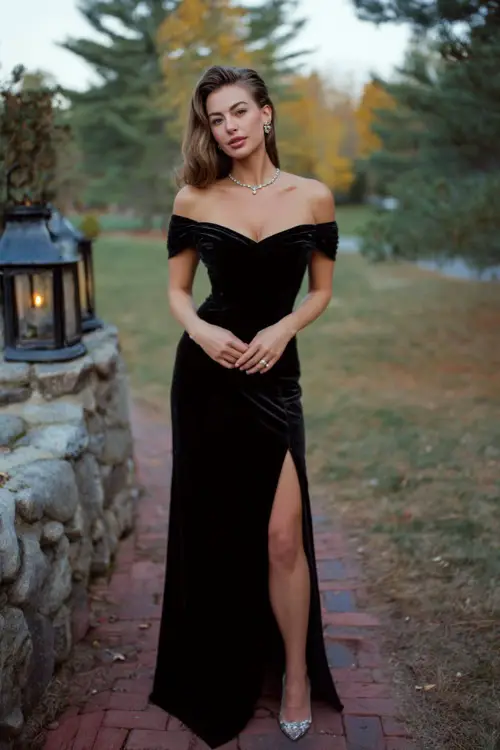 A woman wears a black velvet gown with an off-the-shoulder neckline and slit, styled with silver heels and diamond studs, posing in an outdoor October wedding reception lit by lanterns 