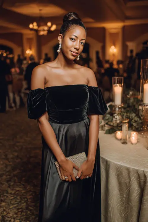 A woman wears a black velvet off-shoulder gown with a fitted bodice and flowing skirt, styled with pearl earrings and a satin clutch at a candlelit ballroom wedding 