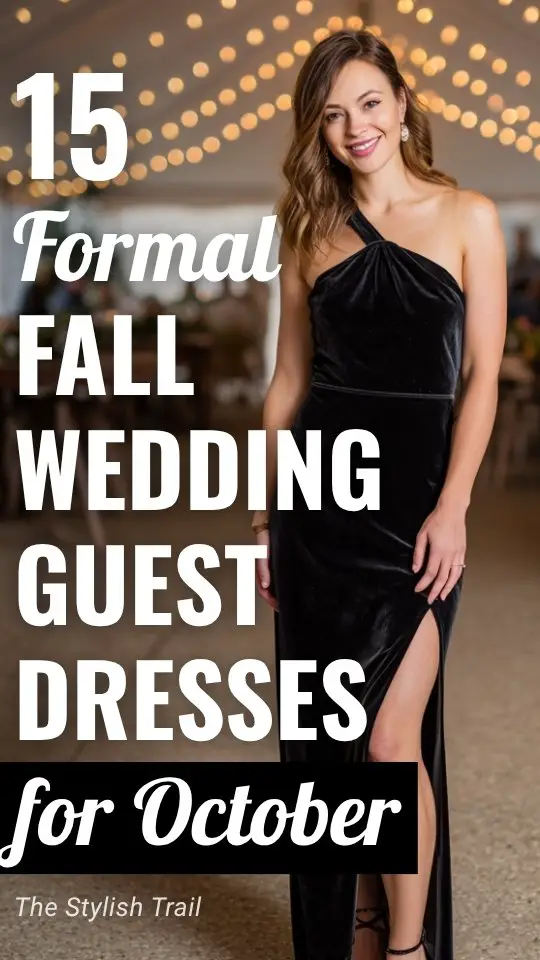A woman wears a black velvet wedding guest dress for a formal October wedding