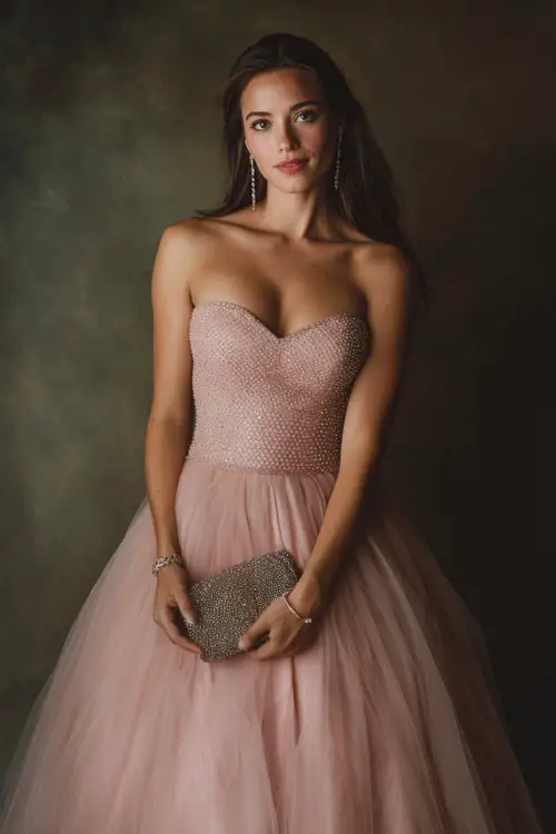 A woman wears a blush pink tulle gown with a beaded bodice and full skirt, paired with diamond earrings and a glittering clutch for a fairytale fall wedding 