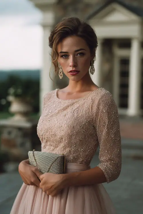 A woman wears a blush pink tulle gown with a beaded bodice and full skirt, paired with diamond earrings and a glittering clutch for a fairytale fall wedding 