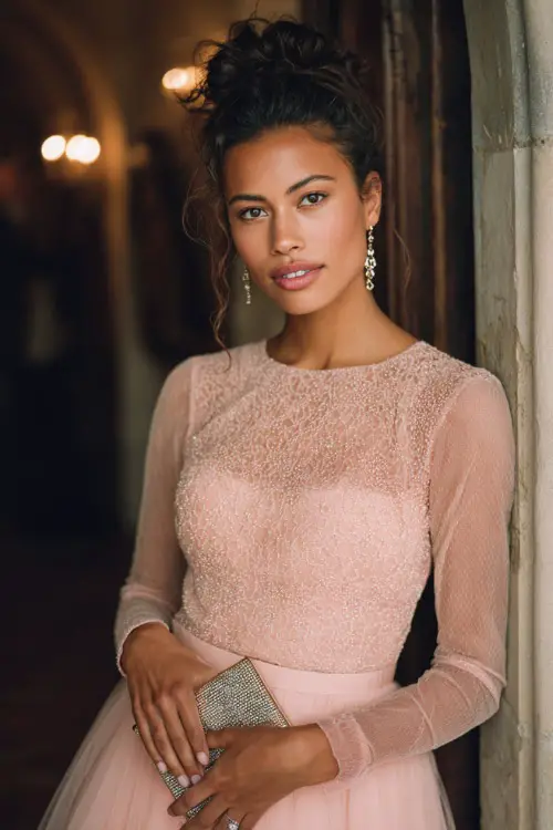 A woman wears a blush pink tulle gown with a beaded bodice and full skirt, paired with diamond earrings and a glittering clutch for a fairytale fall wedding