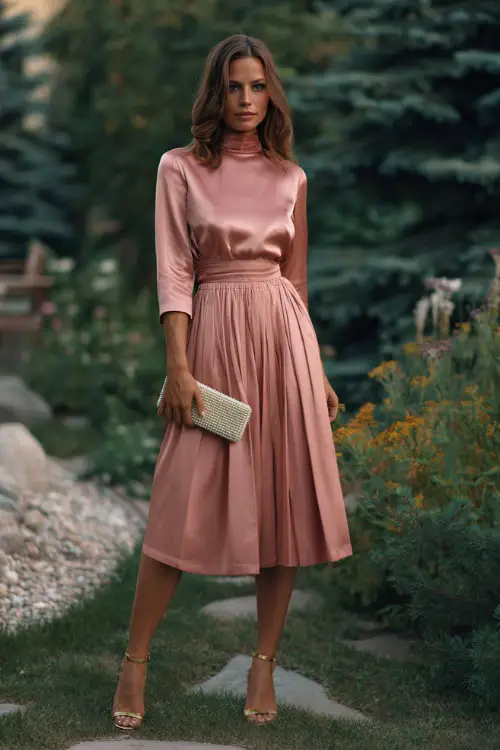 A woman wears a blush satin high-neck midi dress with a pleated skirt, metallic sandals, and a pearl-embellished clutch in an autumn garden venue