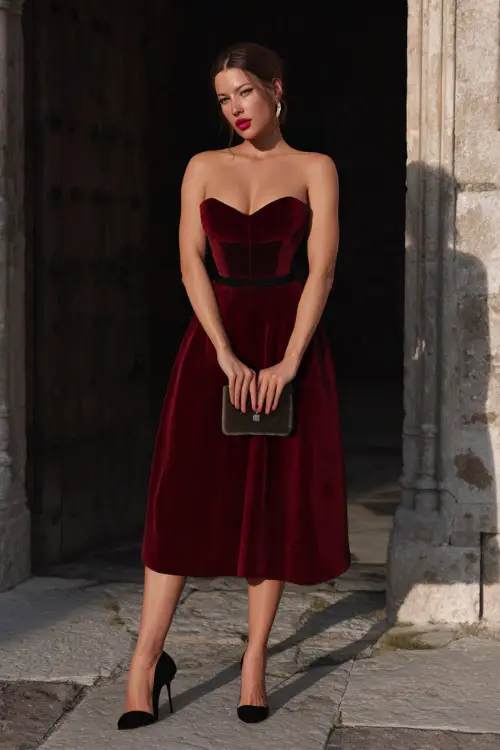 A woman wears a burgundy A-line midi dress with a sweetheart neckline, black pumps, and a velvet clutch in a vintage October celebration 