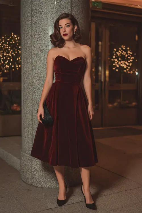 A woman wears a burgundy A-line midi dress with a sweetheart neckline, black pumps, and a velvet clutch in a vintage October celebration