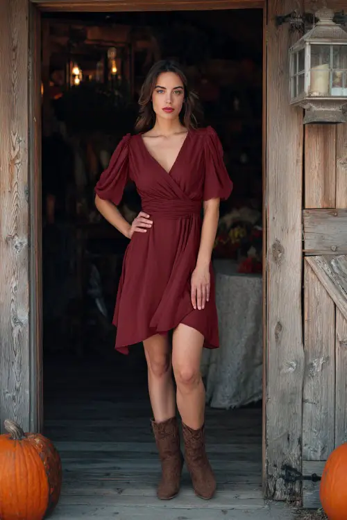 A woman wears a burgundy chiffon wrap dress with flutter sleeves, paired with brown heeled boots, standing at a rustic barn wedding decorated with pumpkins and lanterns