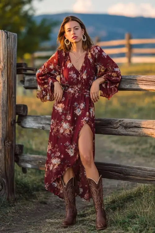 A woman wears a burgundy floral chiffon midi dress with flutter sleeves, paired with embroidered cowboy boots and hoop earrings, standing near a rustic wooden gate at sunset 