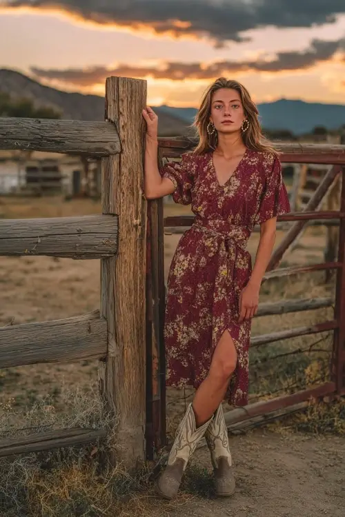 A woman wears a burgundy floral chiffon midi dress with flutter sleeves, paired with embroidered cowboy boots and hoop earrings, standing near a rustic wooden gate at sunset