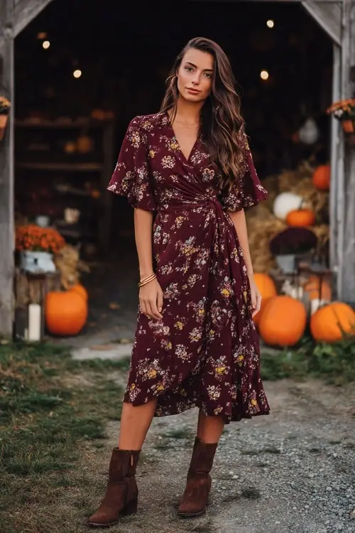A woman wears a burgundy floral midi wrap dress with flutter sleeves, paired with brown ankle boots, standing in front of a rustic barn decorated with pumpkins and lanterns 