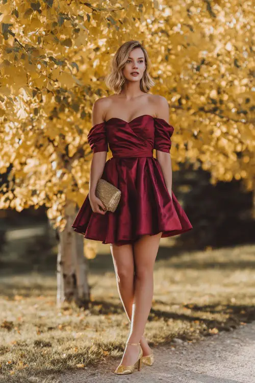 A woman wears a burgundy satin cocktail dress with an off-the-shoulder neckline and flared hem, styled with gold heels and a clutch 