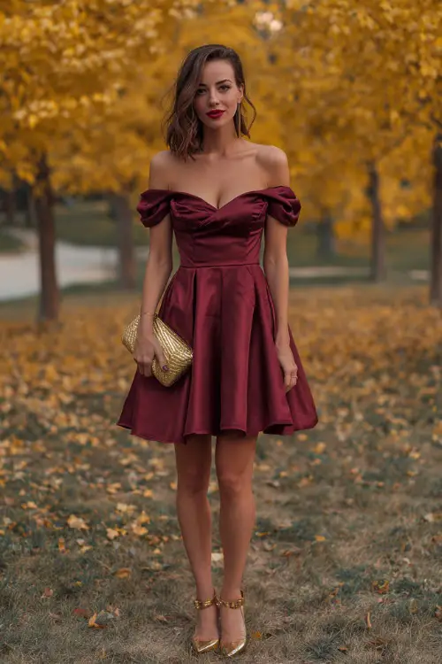 A woman wears a burgundy satin cocktail dress with an off-the-shoulder neckline and flared hem, styled with gold heels and a clutch