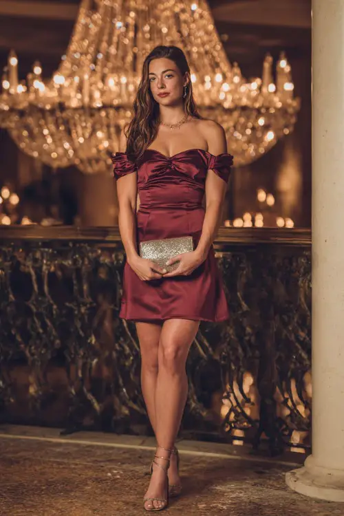 A woman wears a burgundy satin cocktail dress with off-the-shoulder sleeves, styled with a metallic clutch and gold sandals 