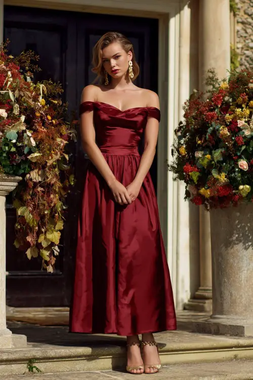 A woman wears a burgundy satin floor-length gown with an off-the-shoulder neckline, styled with gold earrings and heels, standing in front of a grand estate decorated with autumn florals