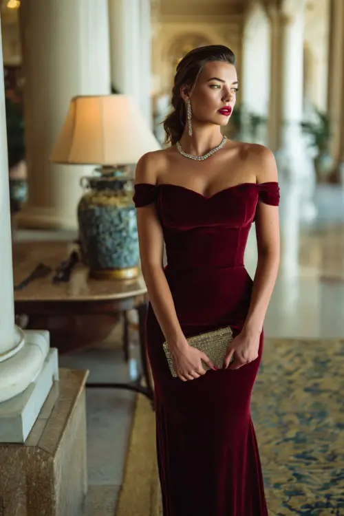 A woman wears a burgundy velvet mermaid gown with an off-the-shoulder neckline, diamond studs, and a metallic clutch at a grand hotel ballroom 
