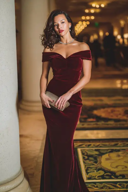 A woman wears a burgundy velvet mermaid gown with an off-the-shoulder neckline, diamond studs, and a metallic clutch at a grand hotel ballroom 