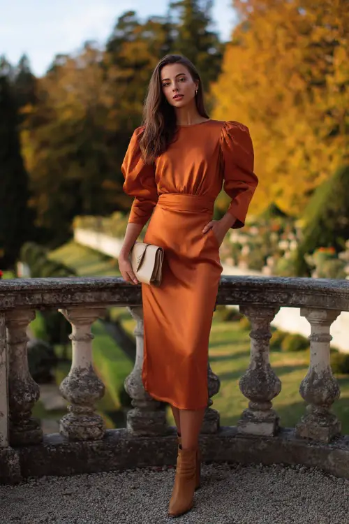 A woman wears a burnt orange satin midi dress with puff sleeves, accessorized with tan ankle boots and a clutch, standing on a terrace overlooking a fall garden