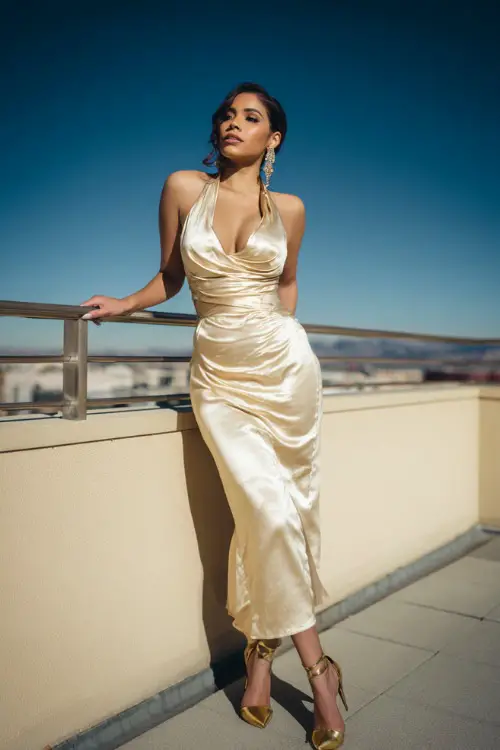 A woman wears a champagne satin cowl-neck gown with a fitted waist, crystal earrings, and strappy gold heels at an upscale rooftop venue 