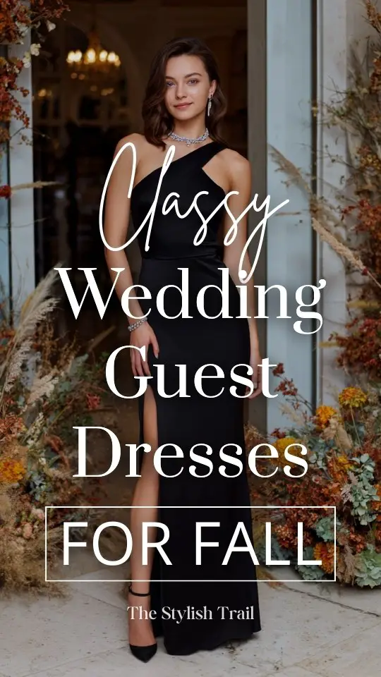 A woman wears a classy black fall wedding guest dress with a one-shoulder neckline and slit