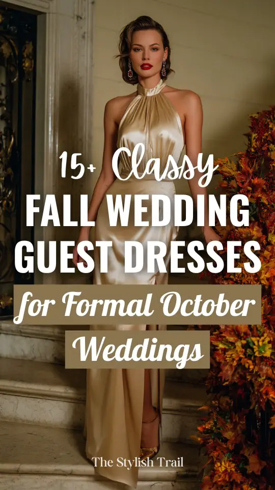 A woman wears a classy satin fall wedding guest dress for formal October wedding