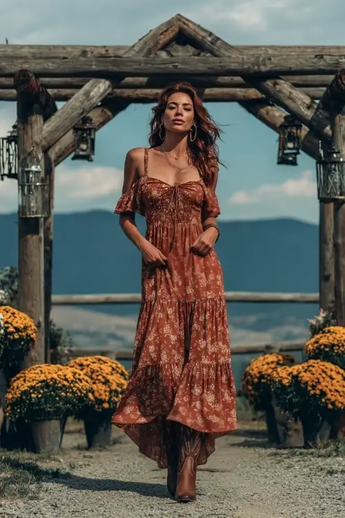 A woman wears a copper floral maxi dress with a tiered hem, paired with western boots and simple earrings, standing beneath a rustic wooden arch decorated with lanterns and mums 