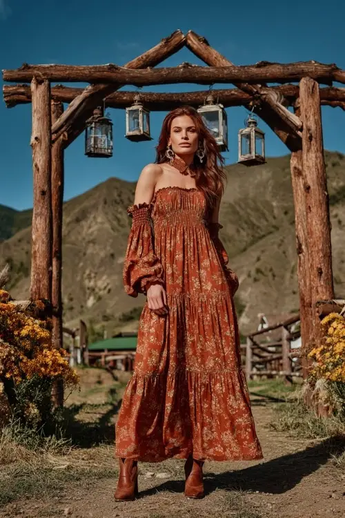 A woman wears a copper floral maxi dress with a tiered hem, paired with western boots and simple earrings, standing beneath a rustic wooden arch decorated with lanterns and mums