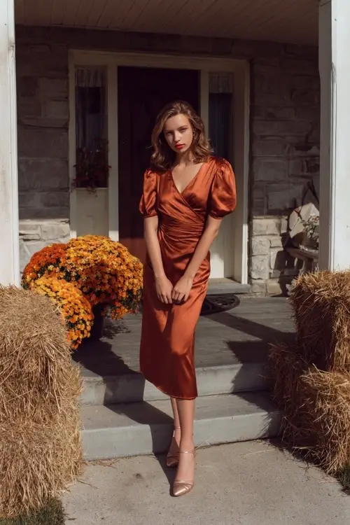 A woman wears a copper satin midi dress with puff sleeves, accessorized with strappy metallic heels, standing on a farmhouse porch decorated with hay bales and mums
