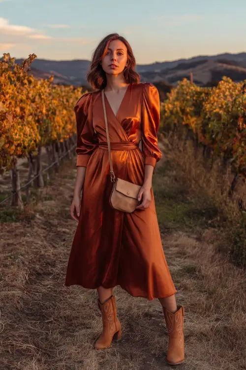 A woman wears a copper satin midi dress with puff sleeves and a flowing skirt, paired with tan suede cowboy boots and a leather crossbody bag