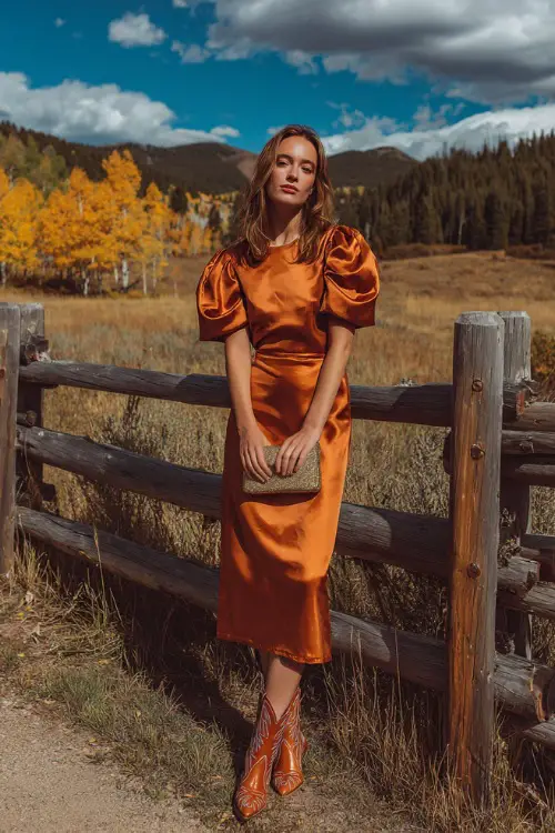 A woman wears a copper satin midi dress with puff sleeves, styled with cowboy boots and a small clutch, standing near a wooden fence surrounded by autumn trees 