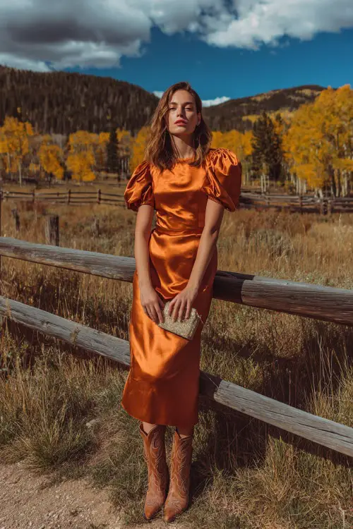 A woman wears a copper satin midi dress with puff sleeves, styled with cowboy boots and a small clutch, standing near a wooden fence surrounded by autumn trees