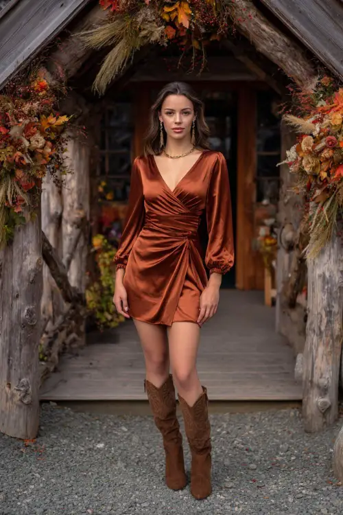 A woman wears a copper satin wrap dress with long sleeves, styled with brown suede boots and gold accessories, standing near a rustic wooden arch covered with fall garlands 