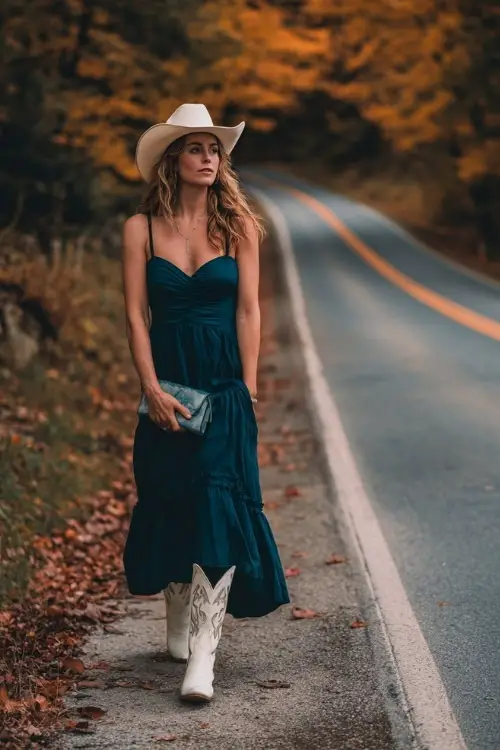 A woman wears a dark teal chiffon maxi dress with tiered skirt, paired with white cowboy boots and a matching clutch, standing along a country road lined with October foliage 