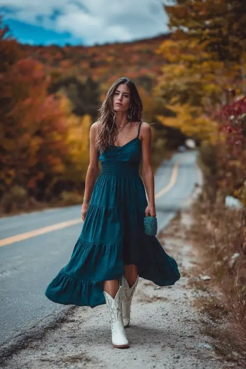 A woman wears a dark teal chiffon maxi dress with tiered skirt, paired with white cowboy boots and a matching clutch, standing along a country road lined with October foliage